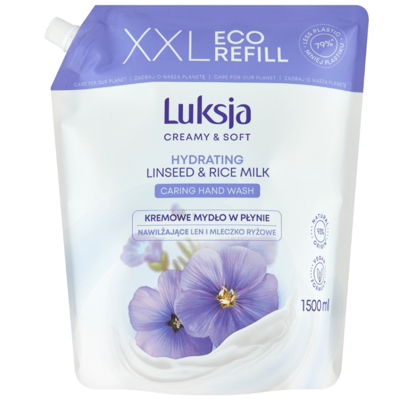 Luksja ECO REFILL 1500 ml Mydło Płynne Nawilżające Len i Mleczko Ryżowe