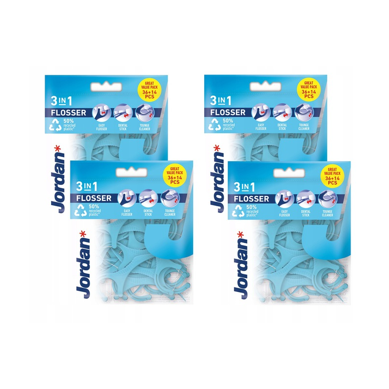 Zestaw 4X Jordan Flosser 3w1 – Nitka, Wykałaczka i Czyścik Języka– 50 sztuk