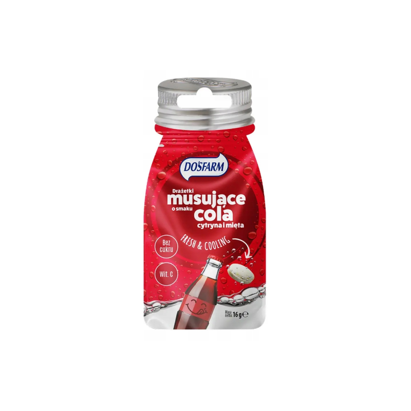 Drażetki cukierki BEZ CUKRU musujące cola i mięta z witaminą C DOSFARM