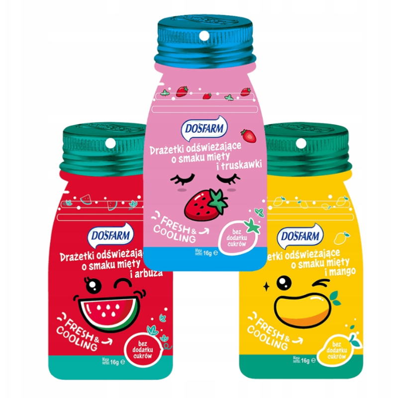 Dosfarm Drażetki Odświeżające 3x16g Cukierki Owocowe Mięta Zestaw Bez Cukru