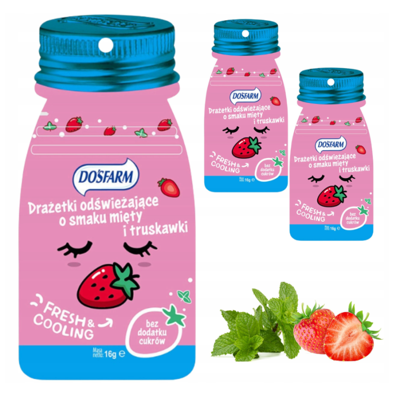 3X Dosfarm Truskawka Drażetki Odświeżające Mięta Truskawka 16 g