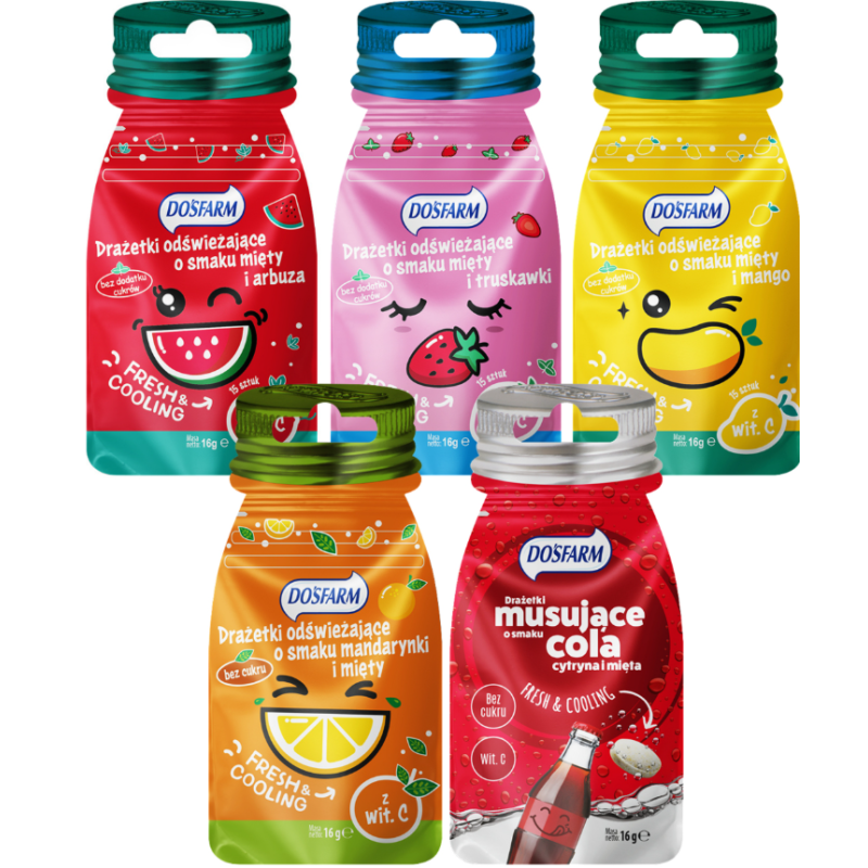 5X Dosfarm Cukierki Drażetki odświeżające mięta i arbuz Dosfarm z Witaminą C + Zestaw