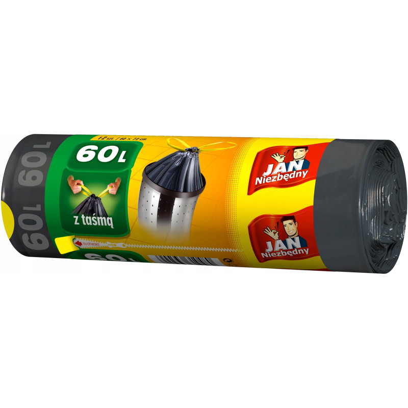 Worki na śmieci 60L (60×72 cm) 12 szt Jan Niezbędny z Taśmą Mocne Czarne