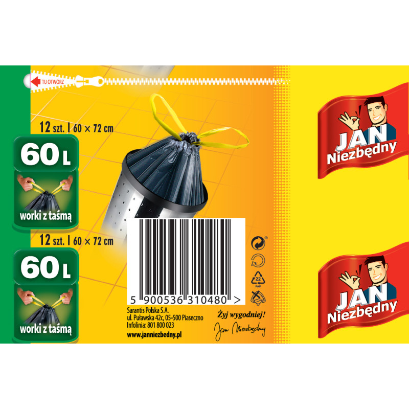Worki na śmieci 60L (60×72 cm) 12 szt Jan Niezbędny z Taśmą Mocne Czarne