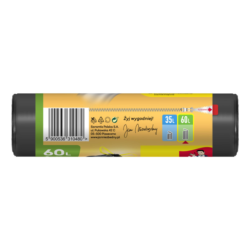 Worki na śmieci 60L (60×72 cm) 12 szt Jan Niezbędny z Taśmą Mocne Czarne
