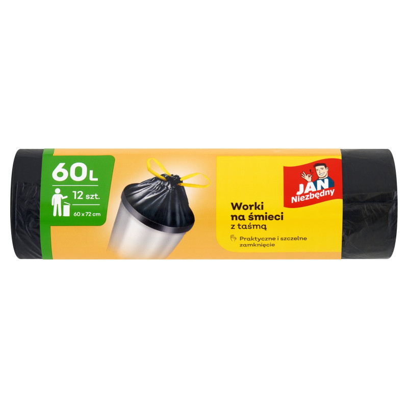 Worki na śmieci 60L (60×72 cm) 12 szt Jan Niezbędny z Taśmą Mocne Czarne