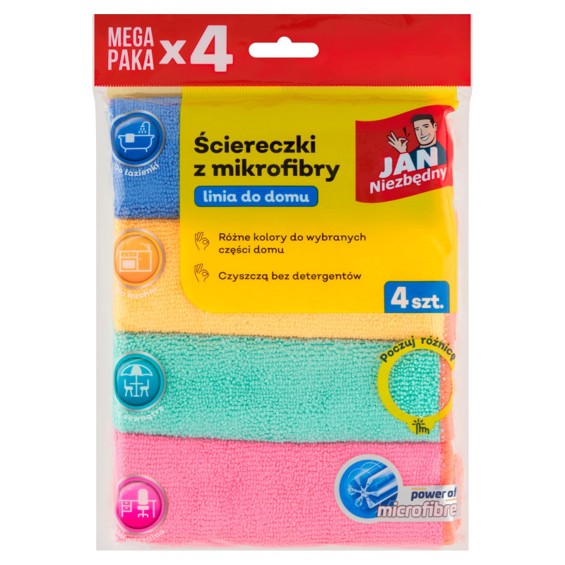 Jan Niezbędny 4x Ściereczki Mikrofibra - Bez Detergentów, Różne Kolory