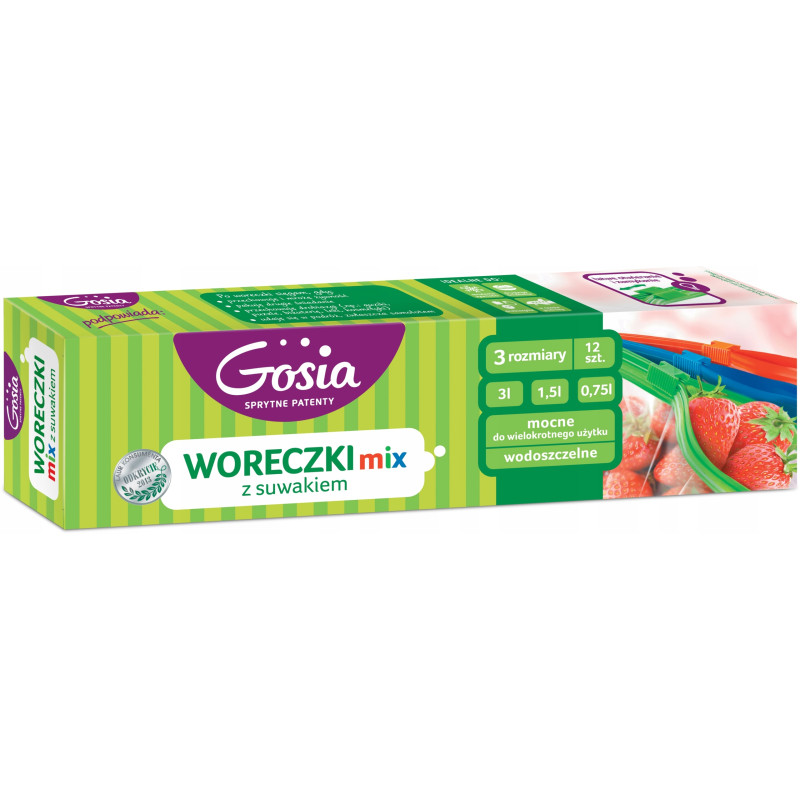 Gosia Woreczki z Suwakiem Mix 0,75L, 1,5L, 3L (12 szt)- Mocne, Wodoszczelne