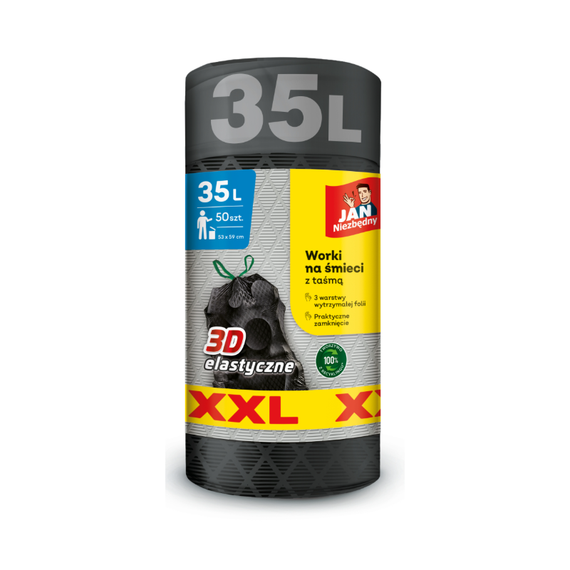 Worki Na Śmieci Uniwesalne Jan Niezbędny 35L z taśmą 50szt- Mocne, Szerokie